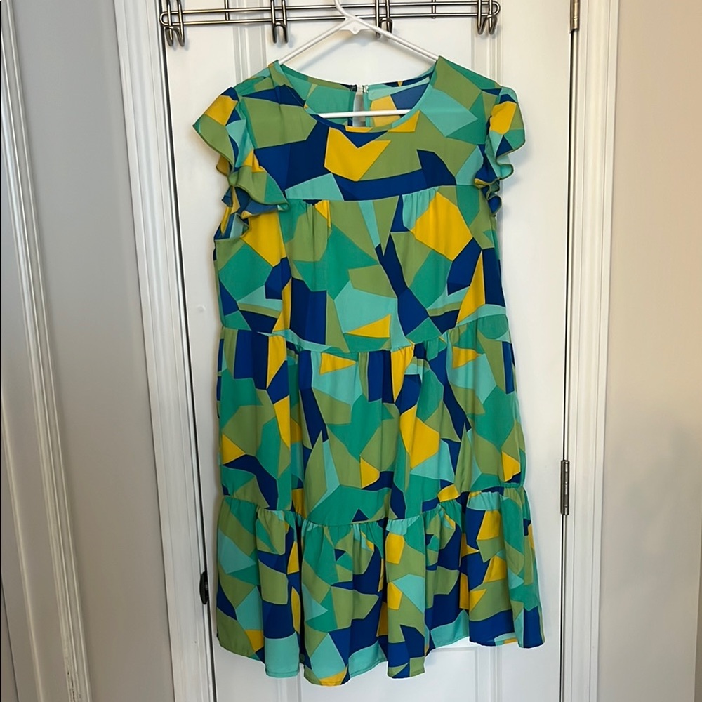 Yellow and Blue Ruffled Tiered Mini Dress with Flutter Sleeves